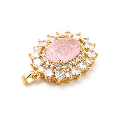 Brass Micro Pave Clear Cubic Zirconia Pendants, with Pink Glass,  Oval Charm