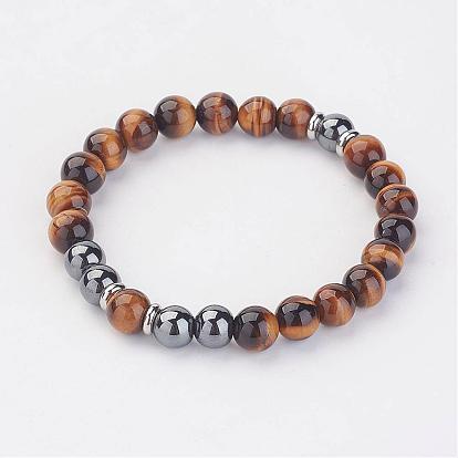 Non-Magnetic Synthetic Hematite Beaded Stretch Bracelets, with Gemstone Beads