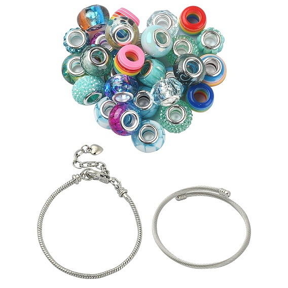 Kits de fabrication de bracelets de style européen bricolage, y compris des perles européennes en strass en acrylique, en résine et en argile polymère, fabrication de bracelets manchette en alliage et en laiton