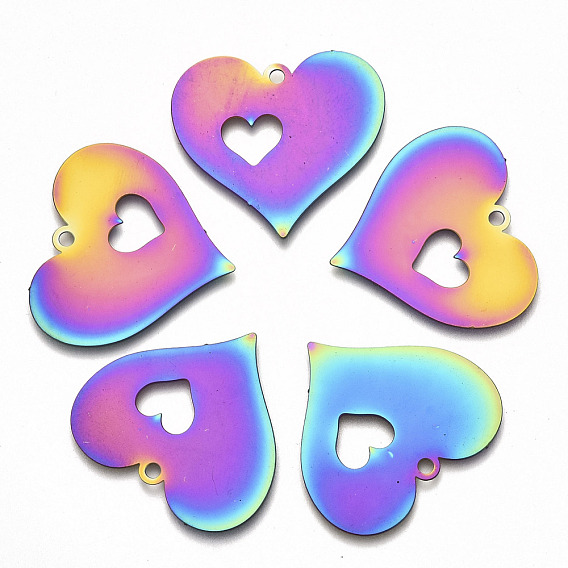 Valentine's Day Ion Plating(IP) 201 Stainless Steel Pendants, Etched Metal Embellishments, Heart with Heart