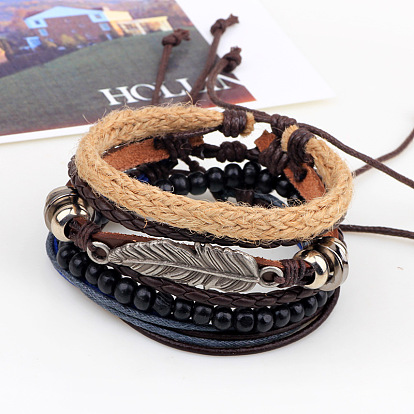 Регулируемый лист сплава плетеный кожаный шнур деревянные бисерные многожильных браслеты, штабелируемые браслеты, 4 нитей / SET, 60 мм
