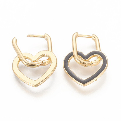 Golden Plated Brass Huggie Hoop Earrings, with Enamel, Heart