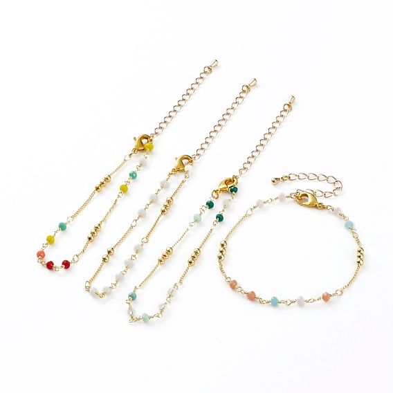 Faceted Glass Beaded Bracelets, with Brass Beads and Lobster Claw Clasps, Round, Real 18K Gold Plated