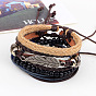Регулируемый лист сплава плетеный кожаный шнур деревянные бисерные многожильных браслеты, штабелируемые браслеты, 4 нитей / SET, 60 мм