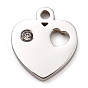 304 Stainless Steel Charms, Manual Polishing, with Crystal Rhinestone, Heart, for Valentine's day