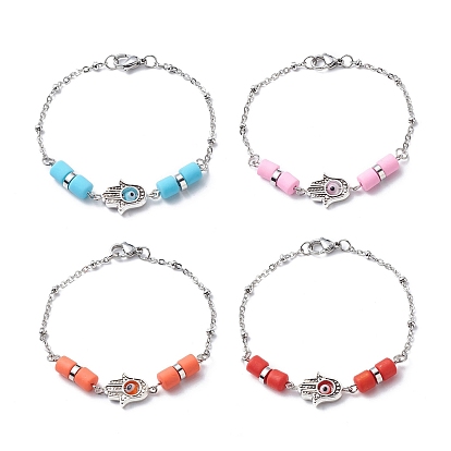 Handmade Evil Eye Lampwork & Polymer Clay Bead Bracelets Sets, Hamsa Hand Alloy Link Bracelets for Women