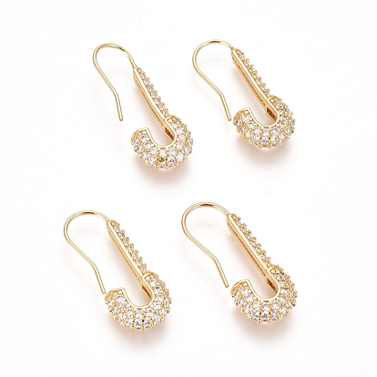 Brass Micro Pave Cubic Zirconia Dangle Earrings, Long-Lasting Plated, Safety Pin Shape, Clear