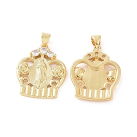 Brass Micro Pave Cubic Zirconia Pendants, Crown with Virgin Mary & Rose Charm