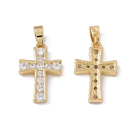 Brass Cubic Zirconia Pendant, with Glass, Real 18K Gold Plated, Religion Cross Charm