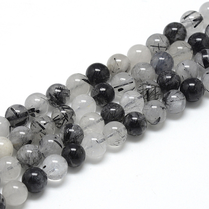 Natural Black Rutilated Quartz Beads Strands, Round