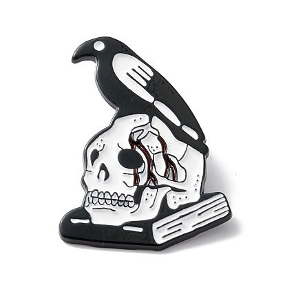 Skull with Crow Book Enamel Pin, Halloween Alloy Brooch for Backpack Clothes, Electrophoresis Black