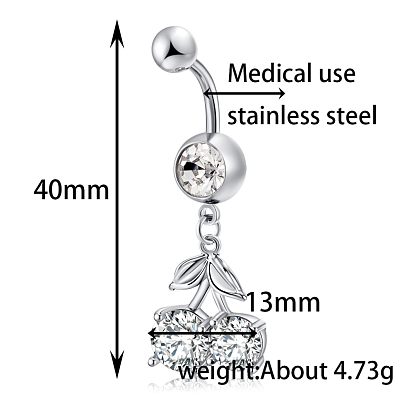 Piercing Jewelry, Brass Cubic Zirconia Navel Ring, Belly Rings, with Surgical Stainless Steel Bar, Cadmium Free & Lead Free, Cherry