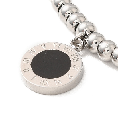 304 bracelet à breloques rondes plates en chiffres romains en acier inoxydable avec émail, 201 bracelet perles rondes en acier inoxydable pour femme