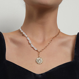 Queen Pearl Relief Necklace with Creative Lace Disc Pendant - Fashionable and Personalized Women's Jewelry