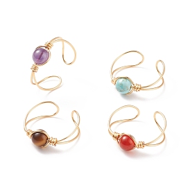 4Pcs 4 Style Natural & Synthetic Mixed Stone Beaded Open Cuff Rings Set, Copper Wire Wrap Jewelry for Women, Golden