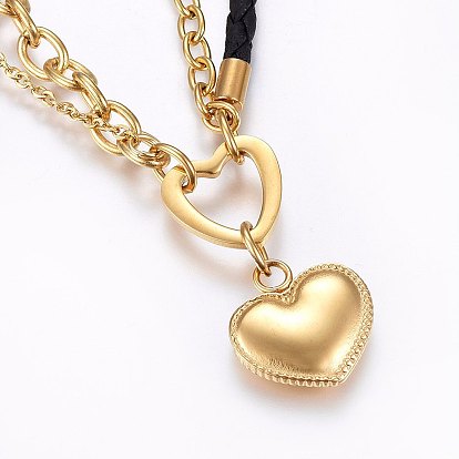 304 Stainless Steel Charm Bracelets, with Lobster Claw Clasps and Leather Cord, Heart