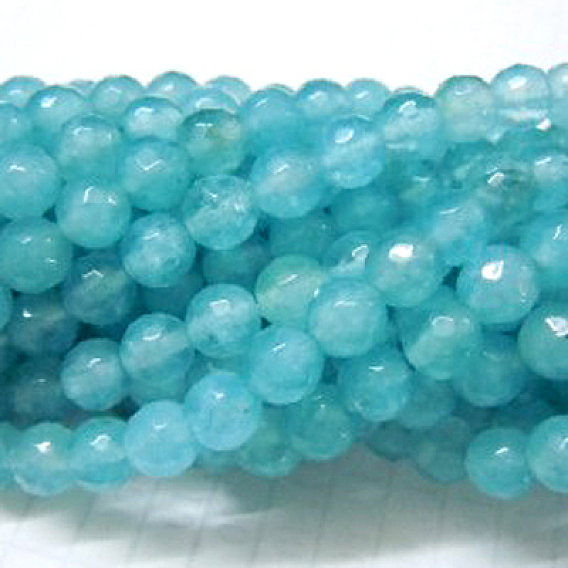Natural White Jade Beads Strands, Imitation Aquamarine Color, Faceted, Dyed, Round, Sky Blue