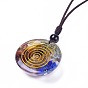Chakra Adjustable Resin(Brass Findings, Gemstone, Conch Fossil Inside) Pendant Necklaces, with Nylon Cord, Half Round