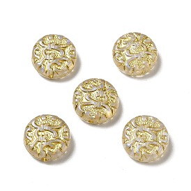UV Plating Acrylic Beads, Golden Metal Enlaced, Flat Round with Floral