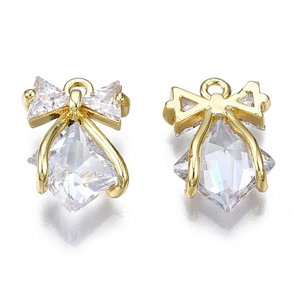Brass Inlaid Clear Cubic Zirconia Pendants, Bowknot