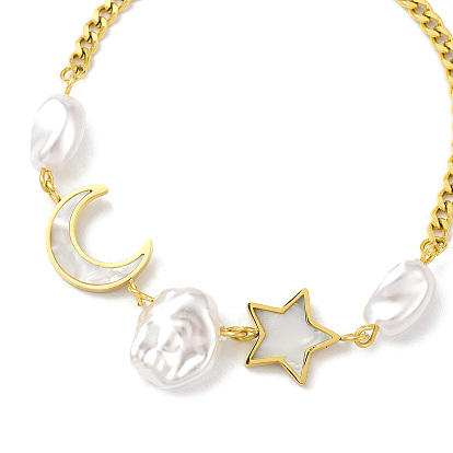 Bracelet à maillons lune et étoile en coquillage naturel, placage ionique (ip) 304 bijoux en acier inoxydable pour femmes
