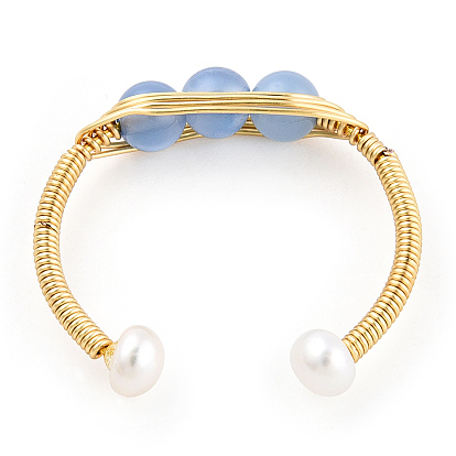 Anneau de manchette ouvert ovale tressé aigue-marine naturelle avec perle perlée, bijoux enveloppés de fil de laiton pour femmes