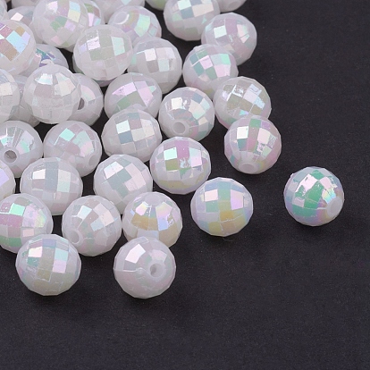 Plating Eco-Friendly Poly Styrene Acrylic Beads, White, AB color, Faceted Round