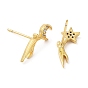 Rack Plating Brass Moon & Star Asymmetrical Earrings, Stud Earrings with Cubic Zirconia, Lead Free & Cadmium Free