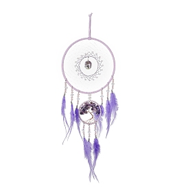 Iron & Brass Wire Woven Web/Net with Feather Pendant Decorations, with Plastic, Amethyst & Glass Beads, Covered with Leather Cord, Flat Round & Tree of Life