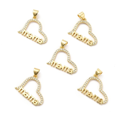 Rack Plating Brass Micro Pave Cubic Zirconia Pendants, Heart with Word mama Charm for Mother's Day, Long-Lasting Plated, Cadmium Free & Lead Free