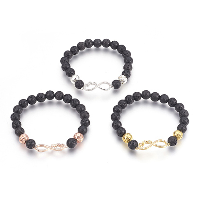 Stretch Bracelets, with Long-Lasting Plated Electroplated Natural Lava Rock, Natural Lava Rock and Brass Cubic Zirconia Beads, Infinity
