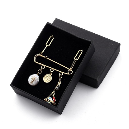 Colliers à pendentif en laiton émaillé, avec zircons, perle naturelle, 304 fermoirs à bascule et boîtes en carton en acier inoxydable, plat rond avec la médaille de saint bénédict