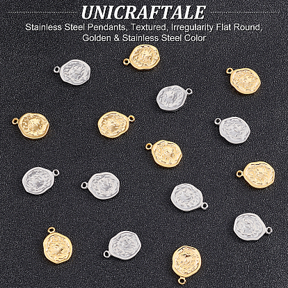 Unicraftale 16Pcs 2 Colors 304 Stainless Steel Pendants, Textured, Irregularity Flat Round