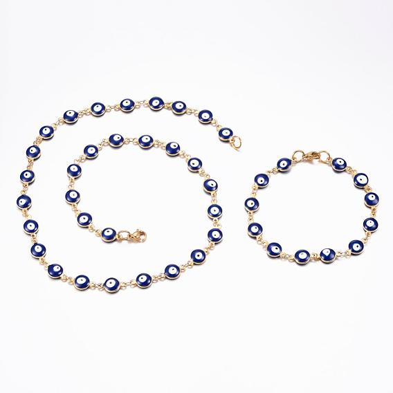 304 Stainless Steel Jewelry Sets, Link Bracelets & Necklaces, with Enamel, Evil Eye