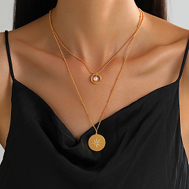 Geometric Double-layer Necklace with Diamond-encrusted Pendant - Chic and Versatile 18K Gold Stainless Steel Jewelry for Women