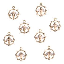 Brass Micro Pave Cubic Zirconia Pendants, Octagon with Bee