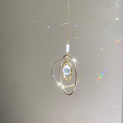 Glass Teardrop & Iron Ring Pendant Decorations, Hanging Suncatchers, for Home Garden Decorations