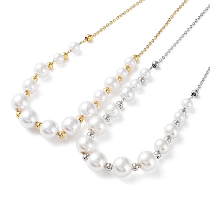Plastic Pearl Graduated Beaded Necklace, with 304 Stainless Steel Cable Chains