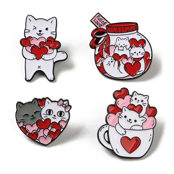 Valentine's Day Theme Black Zinc Alloy Brooches, Cat & Heart Enamel Pins for Women