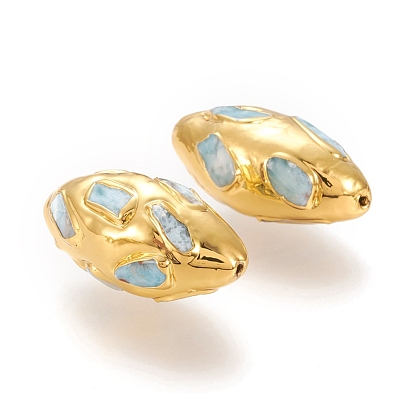 Perles en laiton plaqué or, aux copeaux de larimar naturel, olive