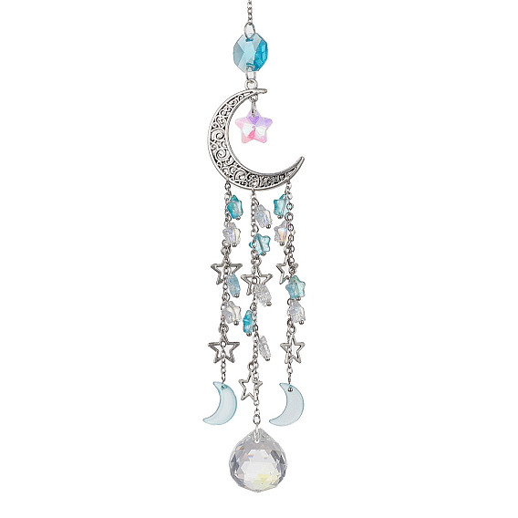 Décoration de pendentif en verre, avec breloque lune creuse et étoile en alliage, pour la décoration