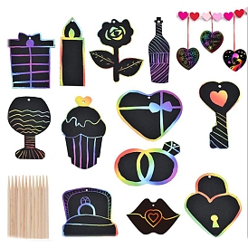 12Pcs Valentine's Day Heart/Flower/Butterfly Scratch Rainbow Painting Art Paper, DIY Animal Bookmark, with Paper Card, Wood Sticks and Ribbon