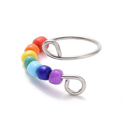 Rainbow Color Glass Beaded Rotating Open Cuff Ring, 201 Stainless Steel Wire Wrap Ring for Anxiety Stress Relief
