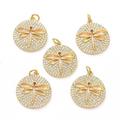 Brass Micro Pave Clear Cubic Zirconia Pendants, with Jump Ring, Long-Lasting Plated, Flat Round with Dragonfly
