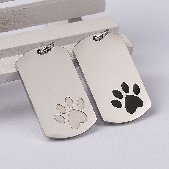Rectangle with Paw Print 304 Stainless Steel Pendants, Rectangle, 35x21x2mm, Hole: 5mm