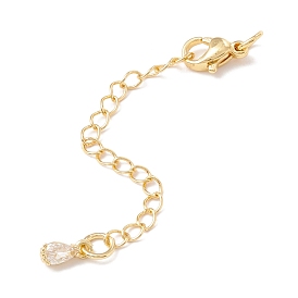 Brass Micro Pave Cubic Zirconia Chain Extender, with Stainless Steel Lobster Claw Clasps and Teardrop Charm, Long-Lasting Plated