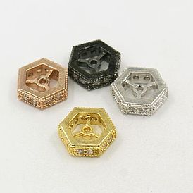 Brass Cubic Zirconia Beads, Hexagon, 6x6x2mm, Hole: 2mm