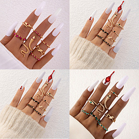 7Pcs 7 Style Rhinestone Snake & Wave & Rectangle Finger Rings Set, Golden Alloy Jewelry for Women