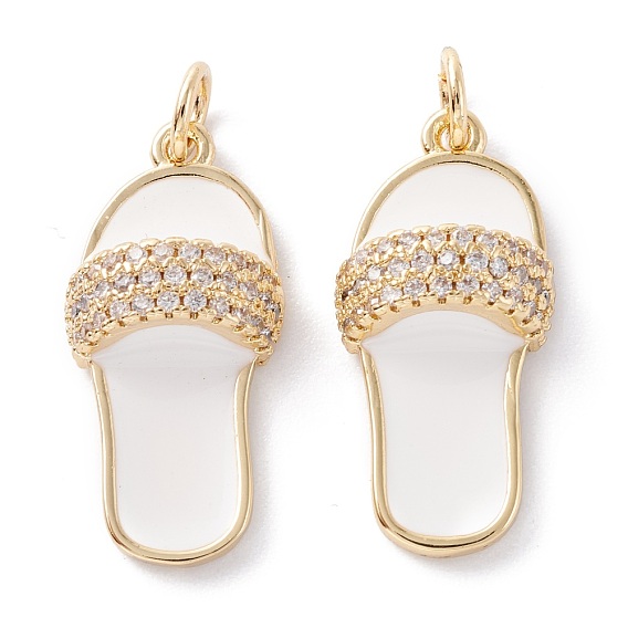 Brass Micro Pave Clear Cubic Zirconia Pendants, with Enamel & Jump Ring, Long-Lasting Plated, Slipper, Real 18K Gold Plated