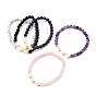 Bracelets en perles extensibles, avec des perles de coquillage trochidées naturelles cœur, perles rondes de pierres précieuses naturelles et perles en laiton doré